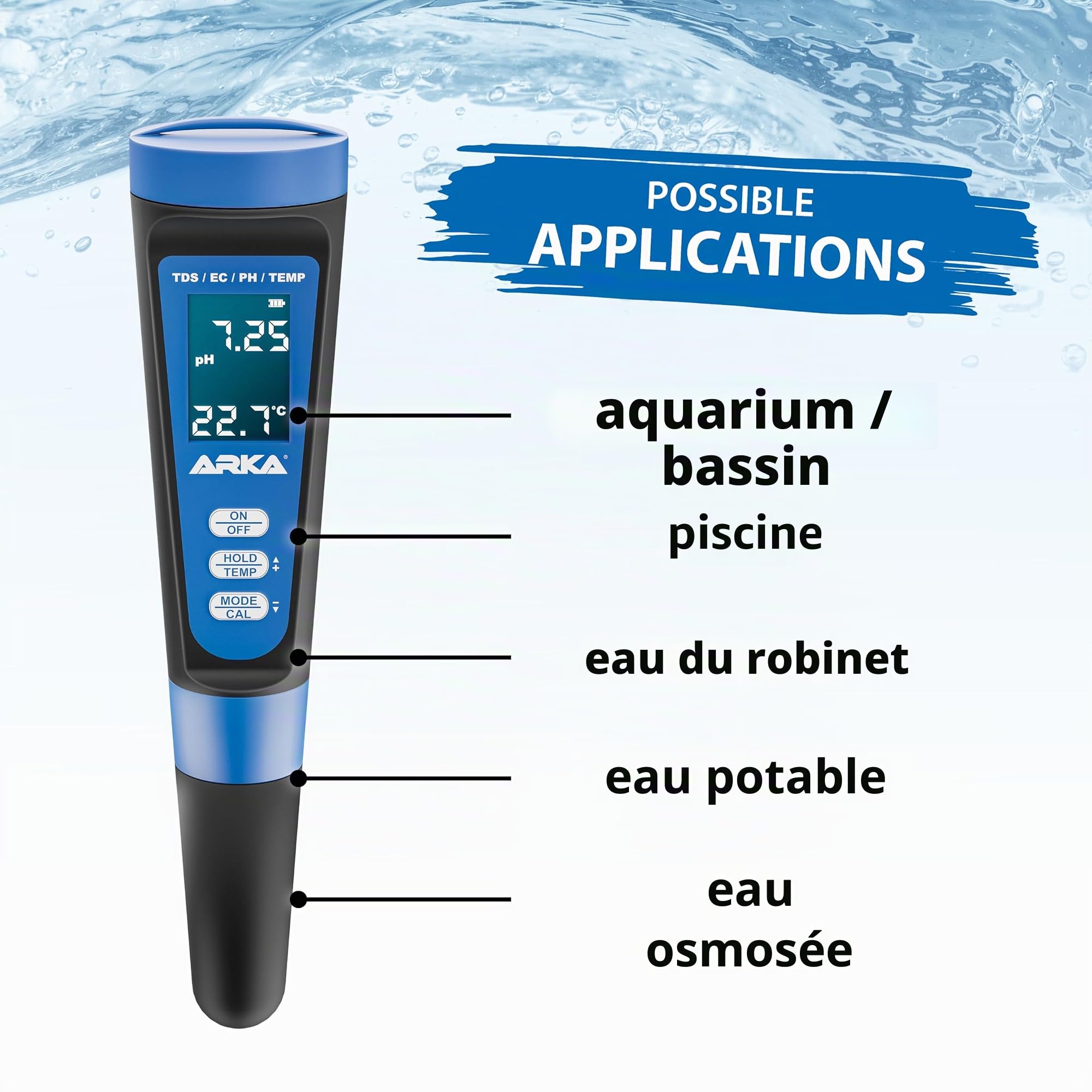 ARKA myAQUA pH/TDS/EC Meter - Testeur de qualité de l'eau pour pH, TDS, EC & température, Solution de calibrage Incluse, idéal pour Les Aquariums, Les piscines, Les bassins & l'eau Potable