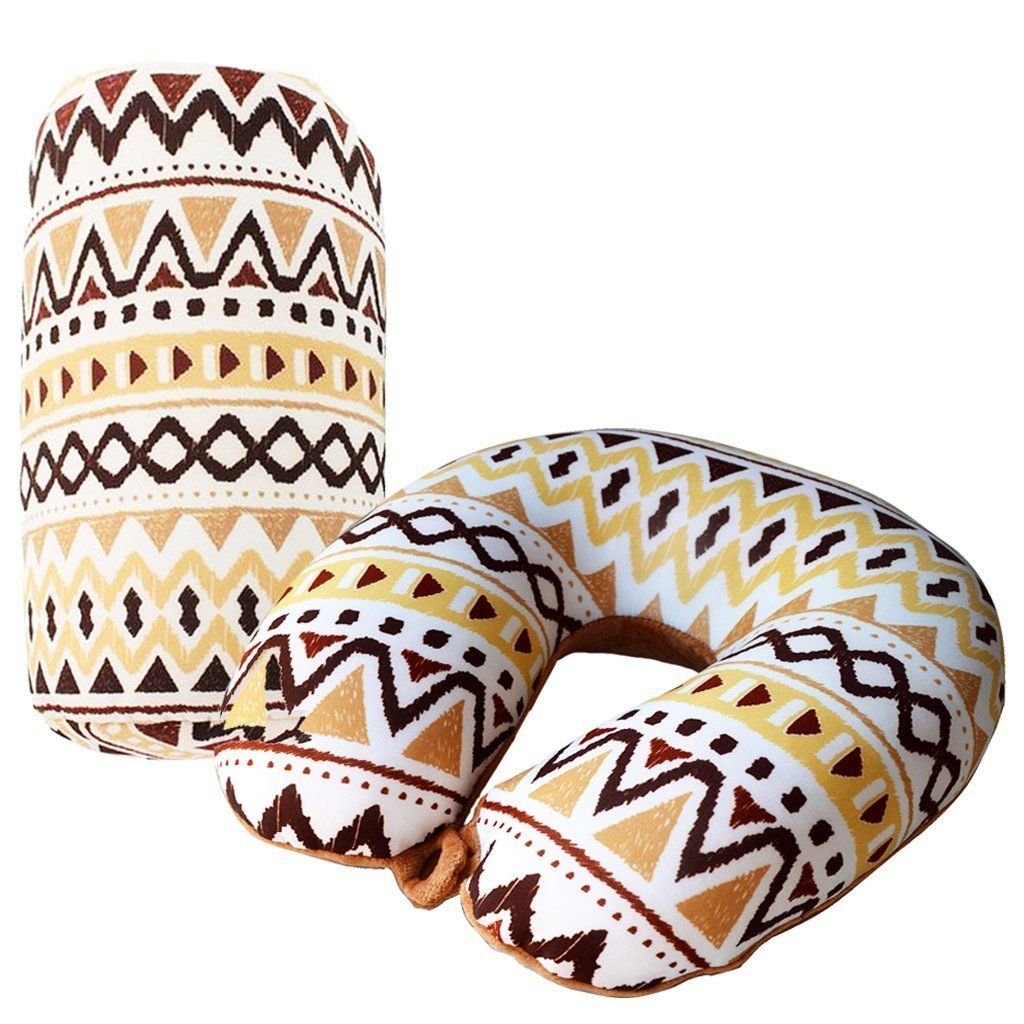 Bookishbunny 2pcs Micro Bead Set U Shaped Neck Travel Pillow 12" x 12" x 4" and Roll Back Pillow Cushion 13" x 7", Various Designs (Brown Wave)