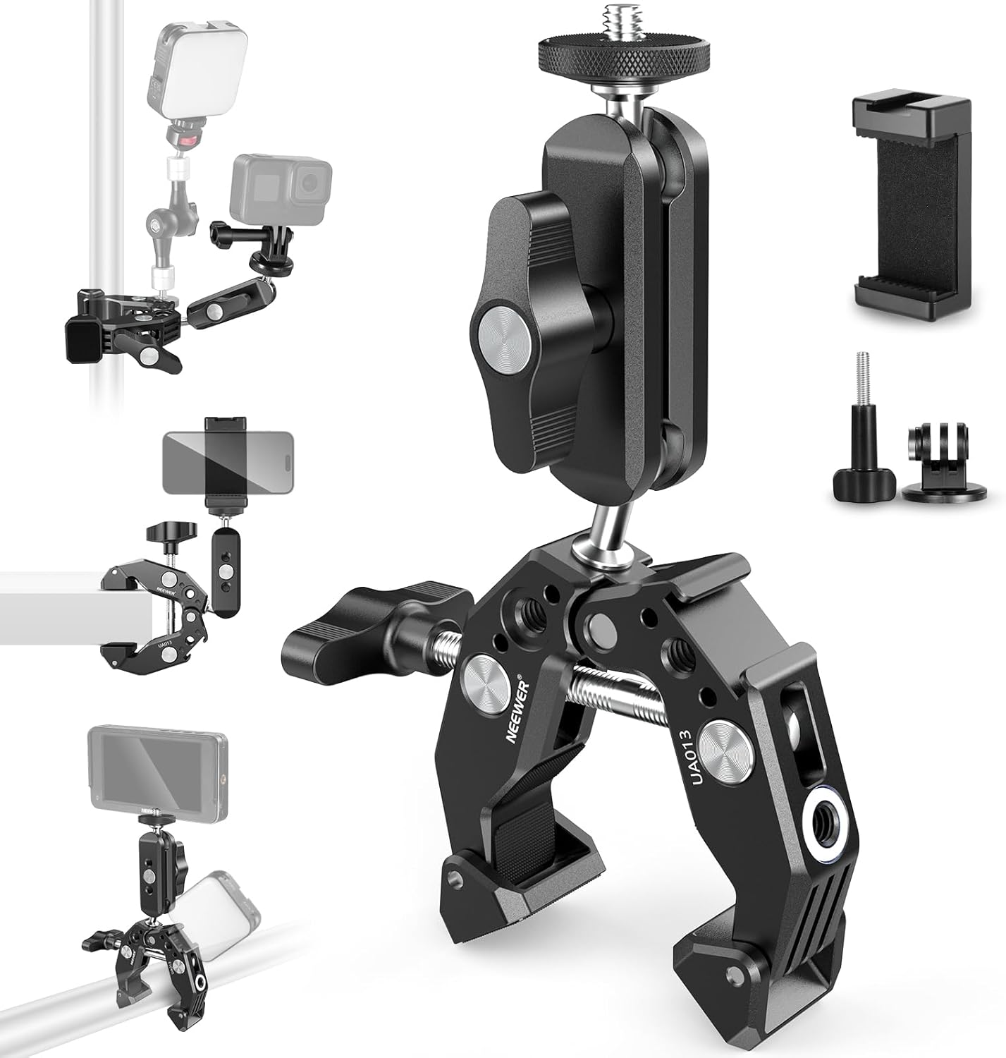 NEEWER Super Clamp with Magic Arm, Clamp, 6.35mm Thread, Phone Holder, Desktop Tripod Mount Adapter, Crossbar, Gimbal, Compatible with SmallRig GoPro DJI, Thumbnail