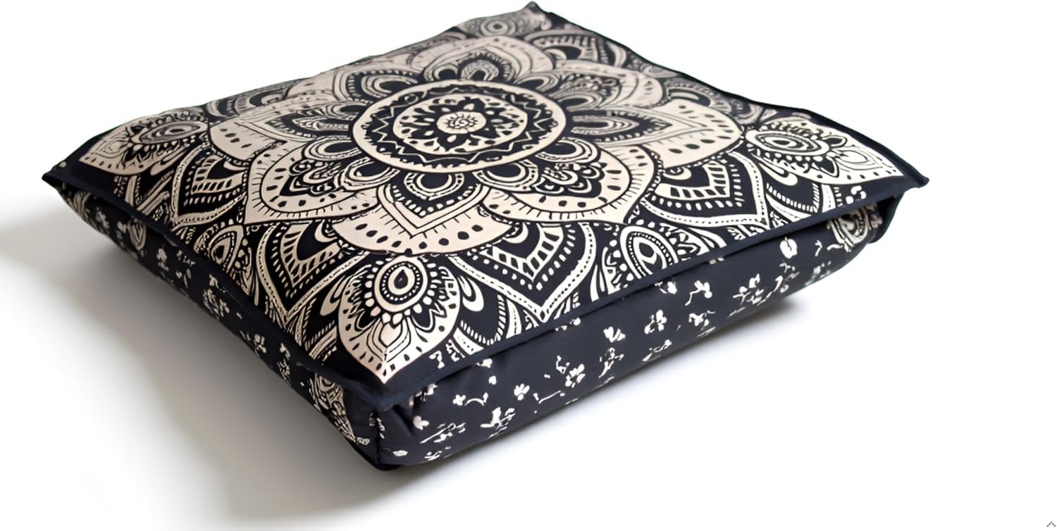 24" Black Gold Flower Mandala Barmeri Large Floor Pillow Cover Cushion Meditation Seating Ottoman Throw Cover Hippie Decorative Zipped Bohemian Pouf Ottoman Pom Pom Cases 24 " square