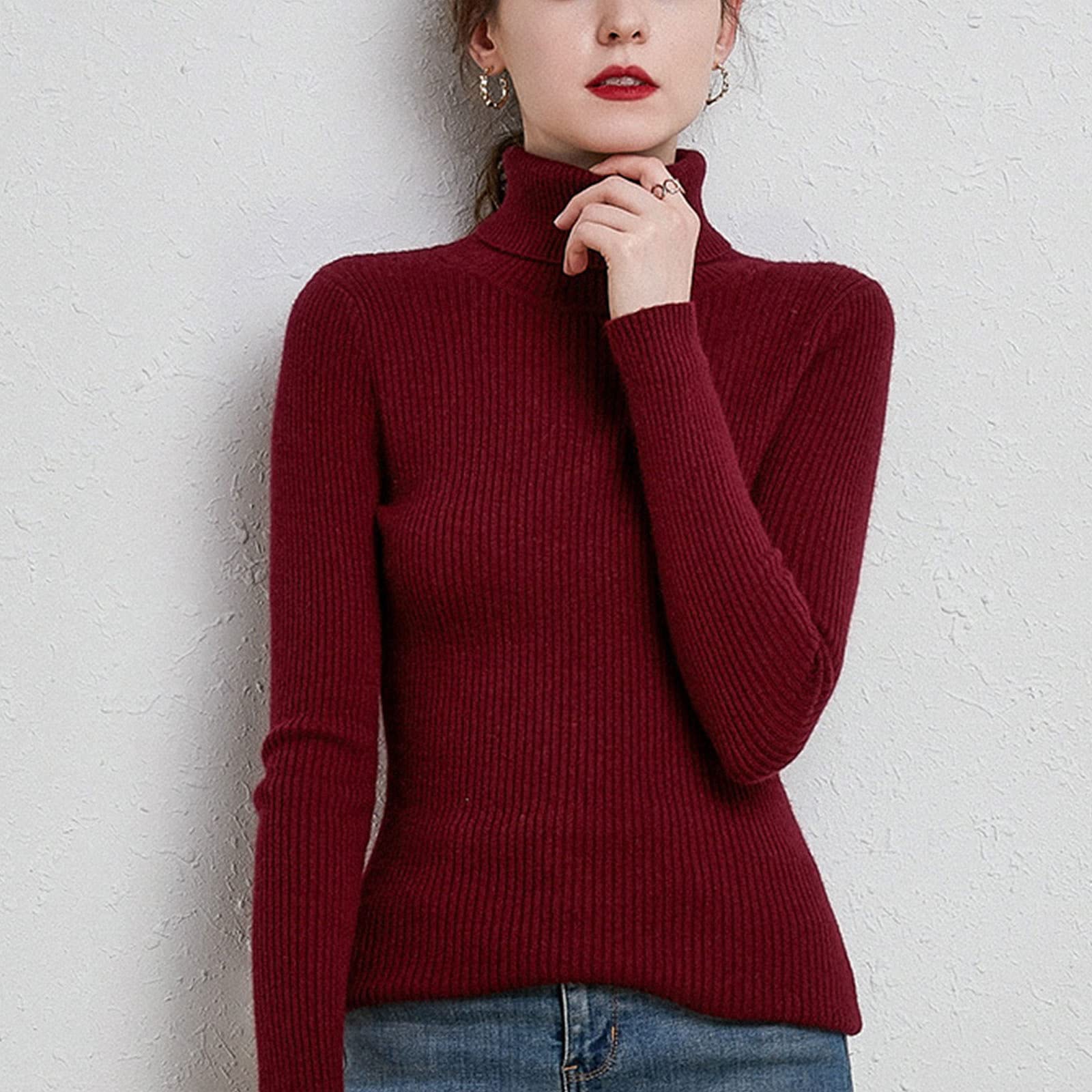 EMDPBD Damski sweter golf, dzianinowy sweter z długim rękawem ciepły sweter na co dzień ciepły dzianinowy sweter topy, różowo-czerwony - XXL