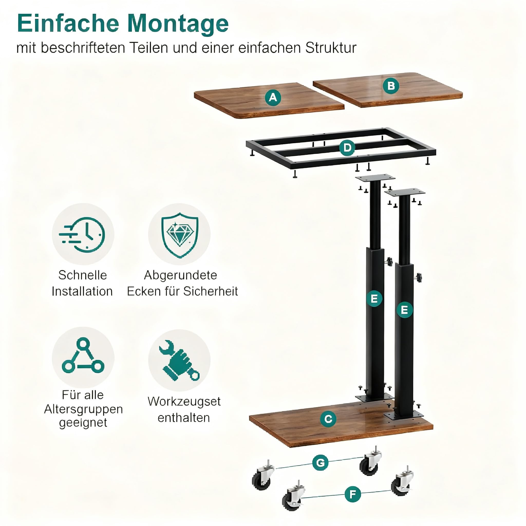 MISSLO Beistelltisch Couch Höhenverstellbar mit Rollen, Couchtisch C Form