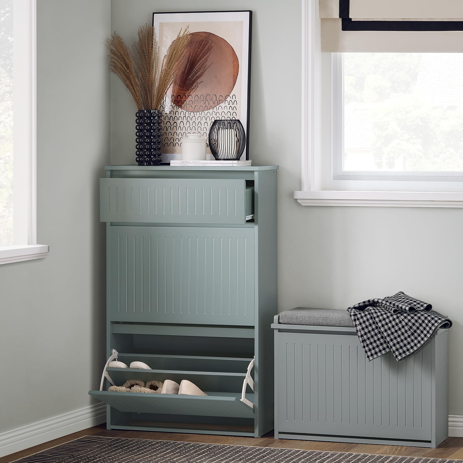 SoBuy Zapatero Estrecho con 2 Solapas 61x26x100cm para recibidor | Mueble zapatero con cajón organizador, MDF E1, sin tiradores, ideal pasillo estrecho, gris FSR165-HG