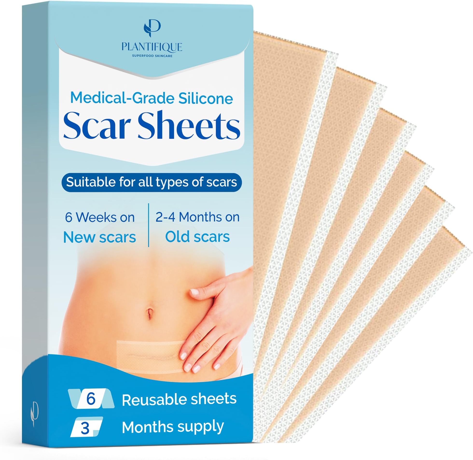 Plantifique Silicone Scar Sheets 6 PCS [5.7"x1.6"] - Medical-Grade Silicone Sheets - Post Surgery Fast Acting Silicone Scar Strips for C-Section & Keloid Surgery, Burns, Tummy Tuck, Surgical Tape