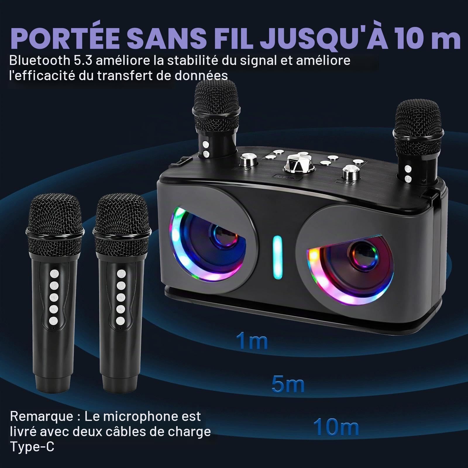 Machine de Karaoké avec 2 Microphones sans Fil, Hiboux Bluetooth Portable Karaoké Adulte, Micro sans Fil Karaoke avec Lumières Disco, Supporte TV/USB/AUX/TF/FM