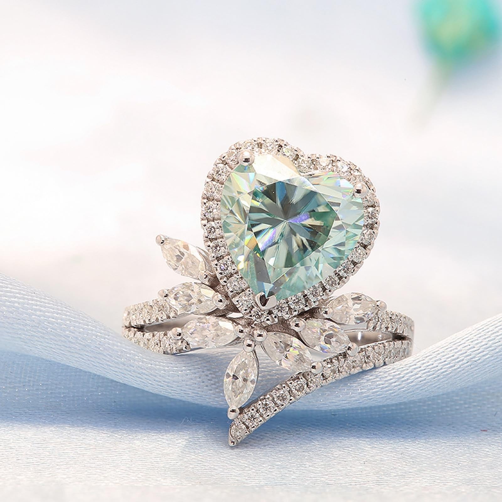 Anillo de compromiso de oro blanco de 14 quilates, anillos para mujer con corazón de flores