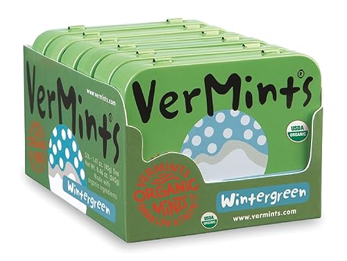 VerMints Organic Breath Mints sabor a gaulta, todo natural, sin OMG, sin nueces, sin gluten, vegano, KSA Kosher, paquete de 6, latas de 1.41 onzas