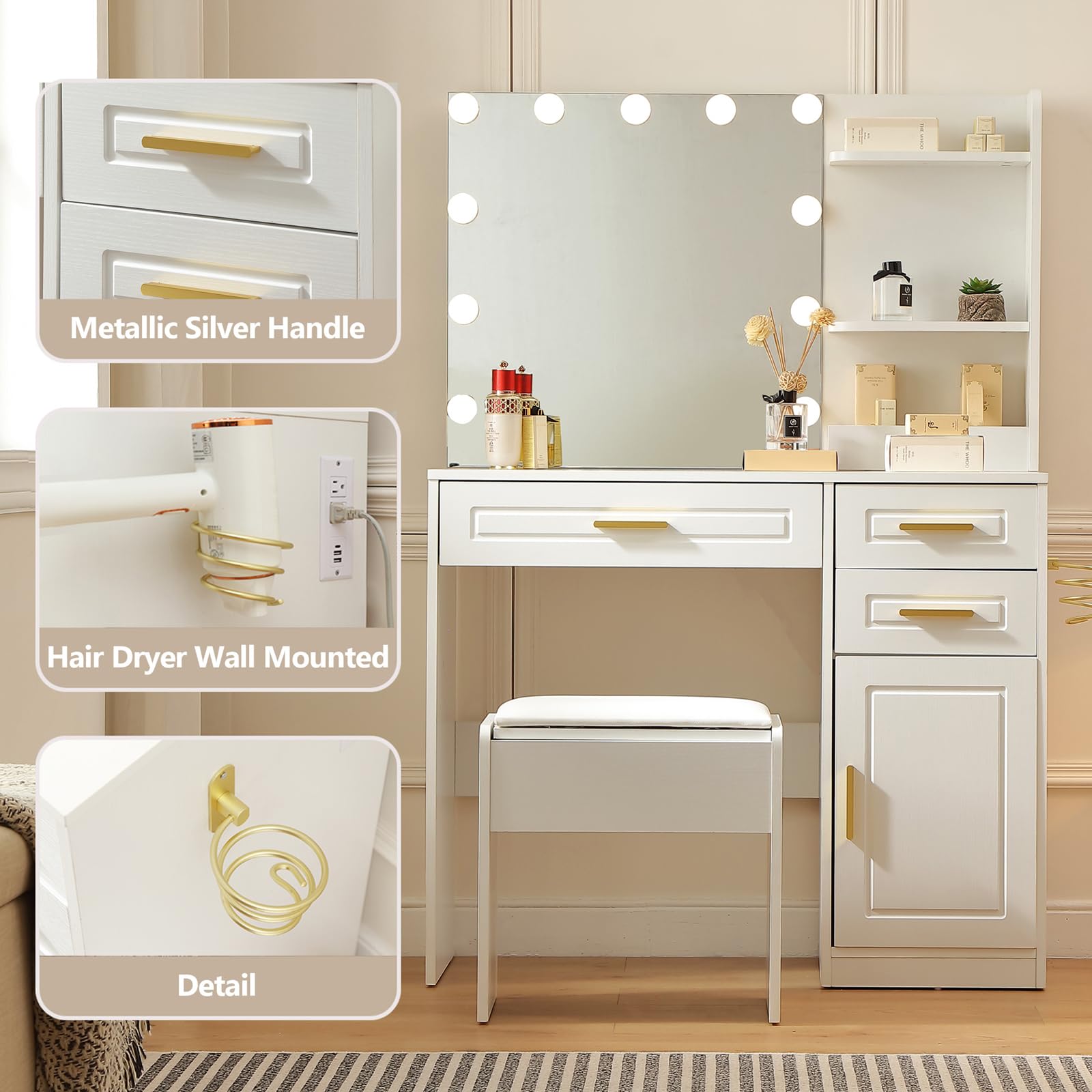 FOREST GRAVITY Makeup Vanity Desk Schminktisch mit Spiegel und Beleuchtung, 3 Schubladen, Schminktisch, Steckdose, Stuhl, 3 einstellbare Farbhelligkeitsstufen, für Schlafzimmer, weiß