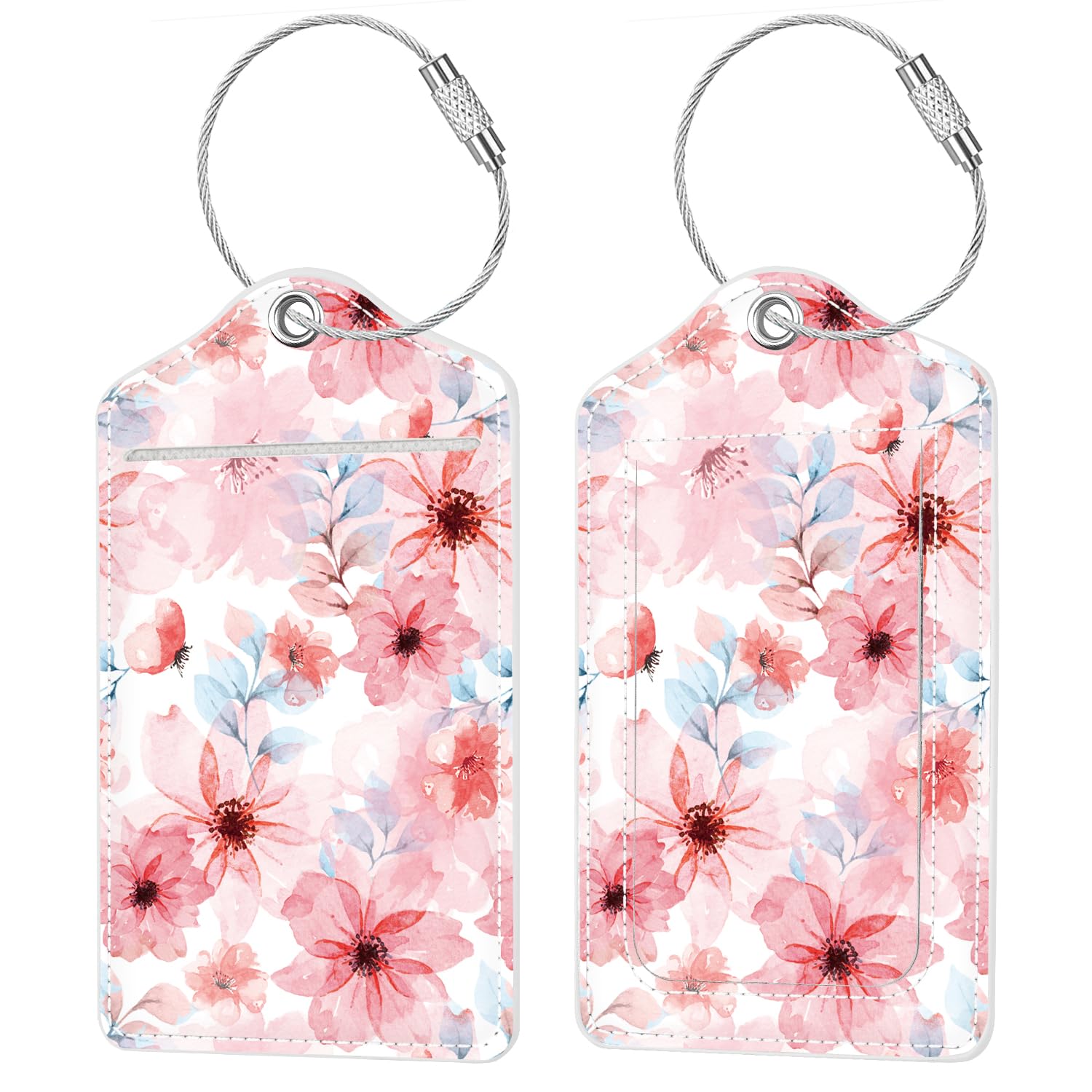 (Set of 2) Luggage Tag Leather Privacy Cover ID Label Address Card with Stainless Steel Loop, Travel Bag Tags Suitcase Labels, Misty Pink