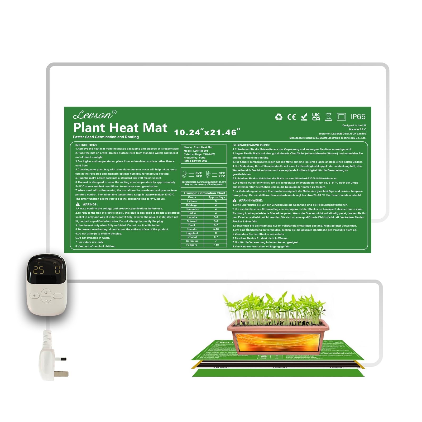 Tapis Chauffant pour Semis 30W, Étanche 26 × 54,5 cm, 15–60 °C avec Thermostat et Minuterie 0–12 h, Tapis Chauffant pour Plantes, Semis, Reptiles et Serre