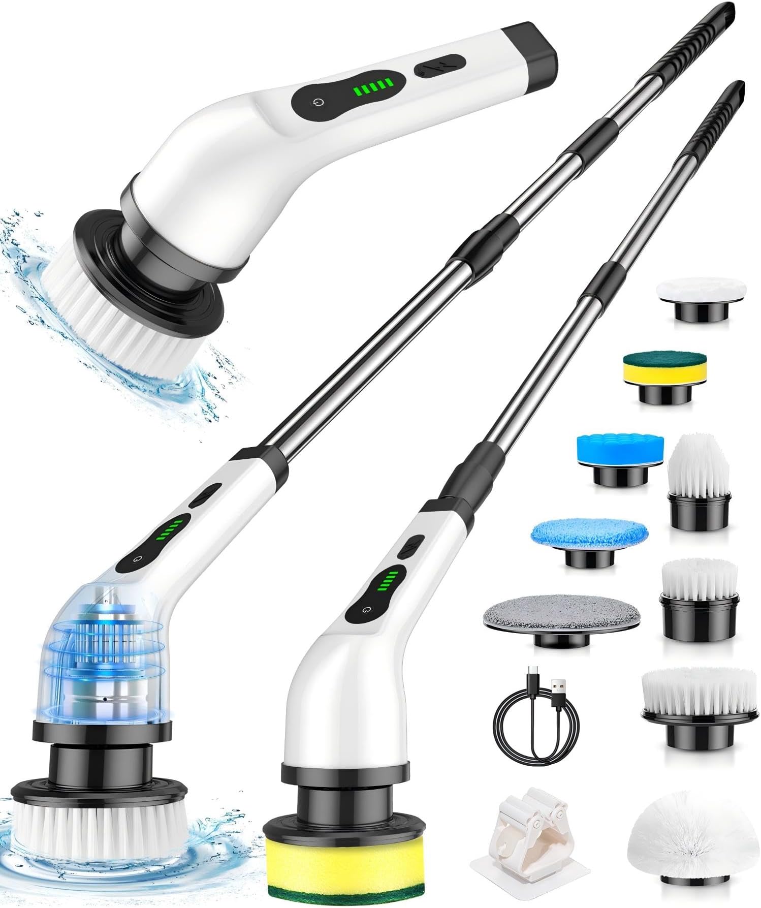 Lxlu Electric Spin Scrubber, Cordless Cleaning Brush, Shower Scrubber with 7 Brush Heads 2H Power Dual Speed, Adjustable Extension Handle, IPX7 Waterproof for Tub Tile Floor Car, A-J1, Multicolor