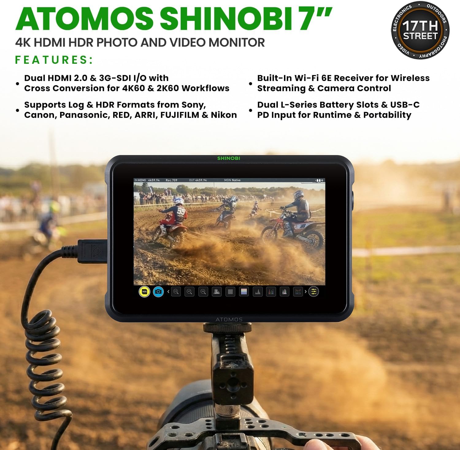 Atomos Shinobi 7-Inch 4K Photo and Video Portable Monitor | 1920 x 1200 Touchscreen Display Video Monitors with HDMI 2.0 in/Out | SmallRig Swivel & Tilt Cold Shoe Mount, Battery & Charger Bundle Set
