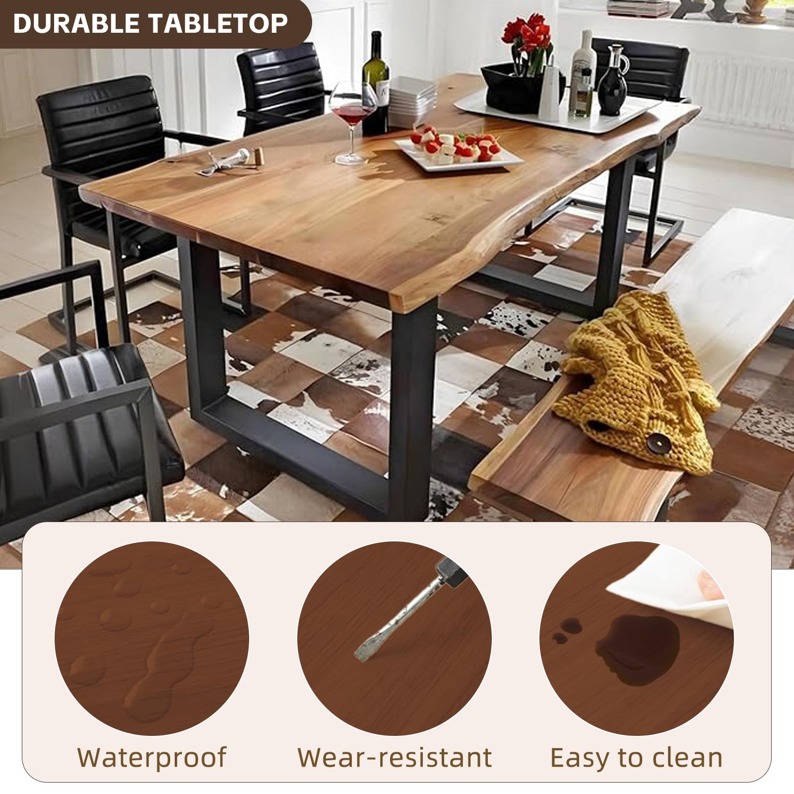 Table de salle à manger rustique en bois massif avec pieds industriels en métal noir – Style rustique pour 6 à 8 personnes, idéale pour la cuisine, la salle à manger et la décoration du salon