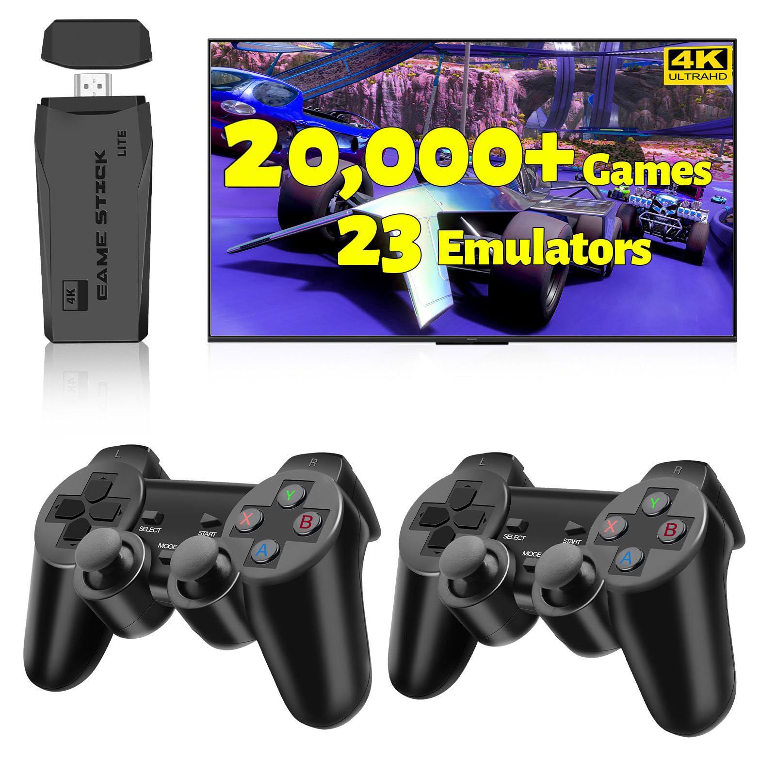 HRYYDS 2025 Retro Gaming Console Pro 4K HDMI with 20,000+ Built-in Classic Video Games - Plug & Play Game Stick for TV with 2 Wireless Controllers | 23 Emulator Support 64GB