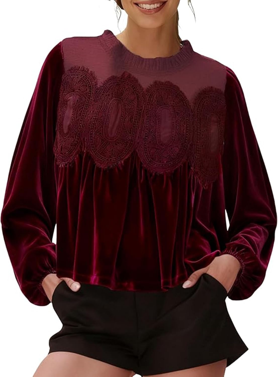 Velvet Tops for Women Lace Patchwork Mesh Top Elegant Babydoll Long Puff Sleeve Blouse Ruffle Vintage Shirts