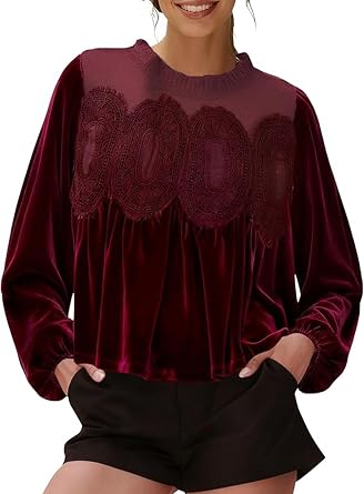Pinclodly Velvet Tops for Women Lace Patchwork Mesh Top Elegant Babydoll Long Puff Sleeve Blouse Ruffle Vintage Shirts