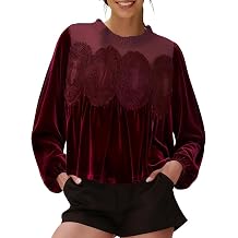 Pinclodly Velvet Tops for Women Lace Patchwork Mesh Top Elegant Babydoll Long Puff Sleeve Blouse Ruffle Vintage Shirts