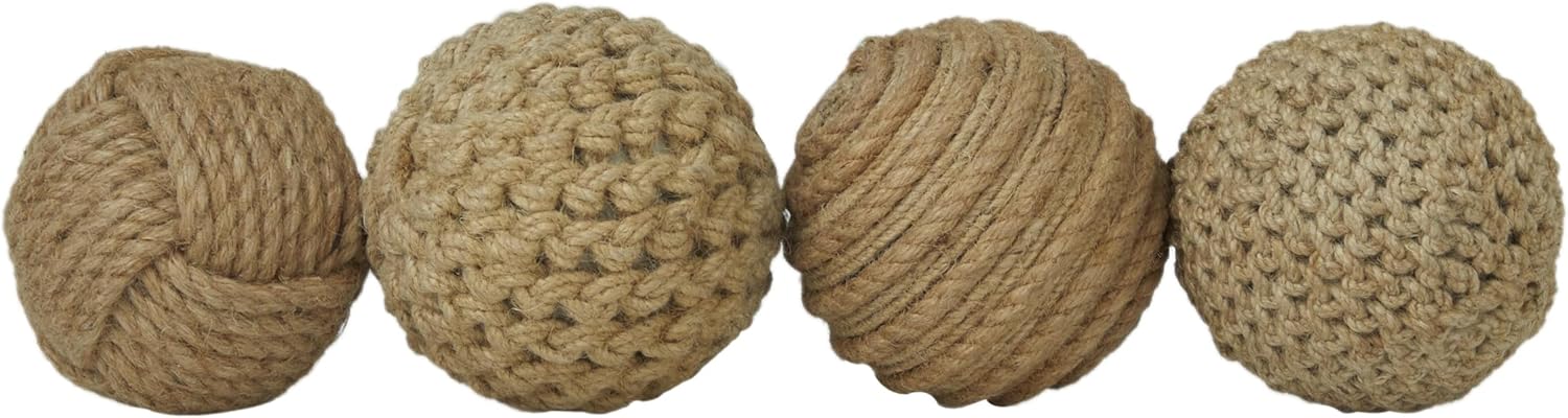 Deco 79 Jute Rope Handmade Decorative Ball Orbs & Vase Filler with Varying Designs, Set of 4 4"W, 4"H, Brown