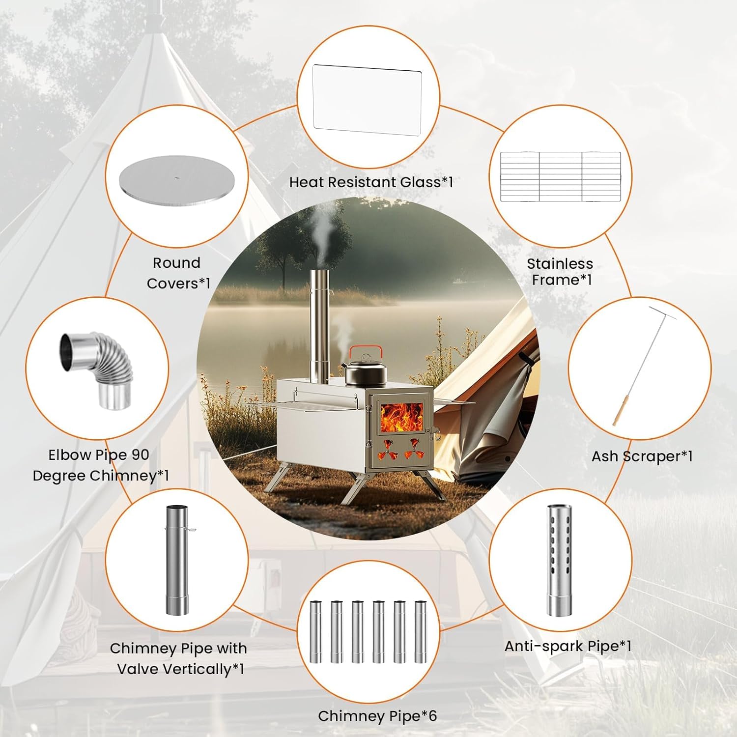 Upgraded Wood Stove, Hot Tent Stove Camping Portable Stainless Steel Wood Burning Stove with 7 Chimney Pipes Outdoor Portable Stove for Camping Heating and Cooking