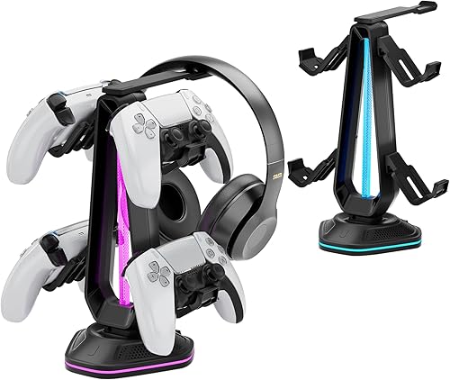 Saitake Soporte para controlador RGB con 9 modos de luz, soporte de controlador con 2 puertos USB, soporte para auriculares de escritorio adecuado