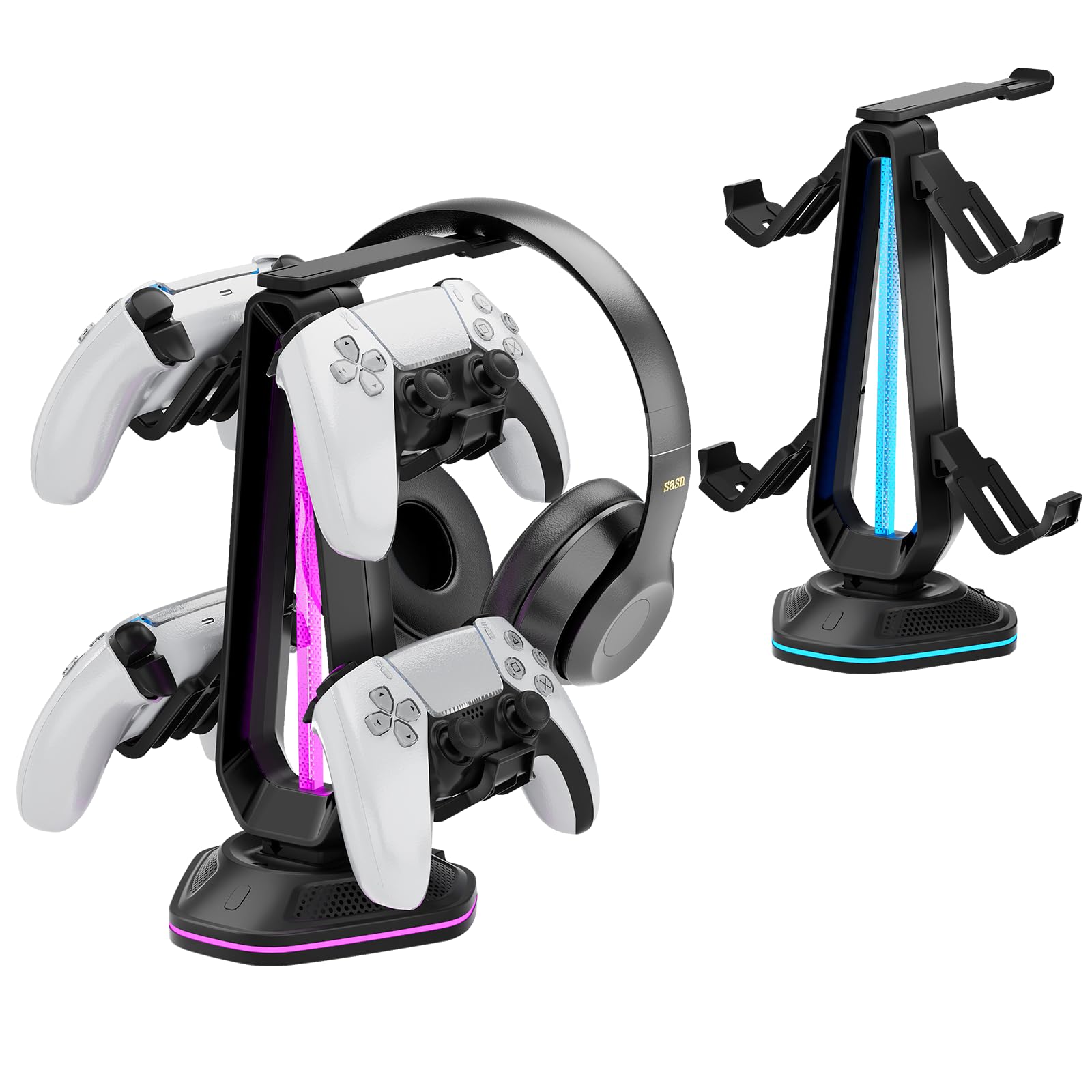 Saitake RGB Controller Stand with 9 Light Modes,Controller Holder with 2 USB Ports,Headset Stand for Desk-Headphone Holder Suitable for All Headphones and Controllers
