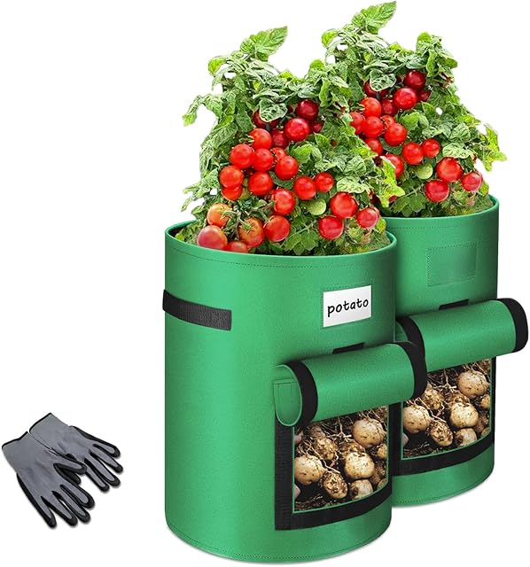 Norjews 2 Pack 10 Gallon Potato Grow Bags, Potato Growing Sacks with Flap Window and Handles, Potato Planting Bag for Potato, Tomato, Carrot - Bonus 1 Pair of Gardening Gloves