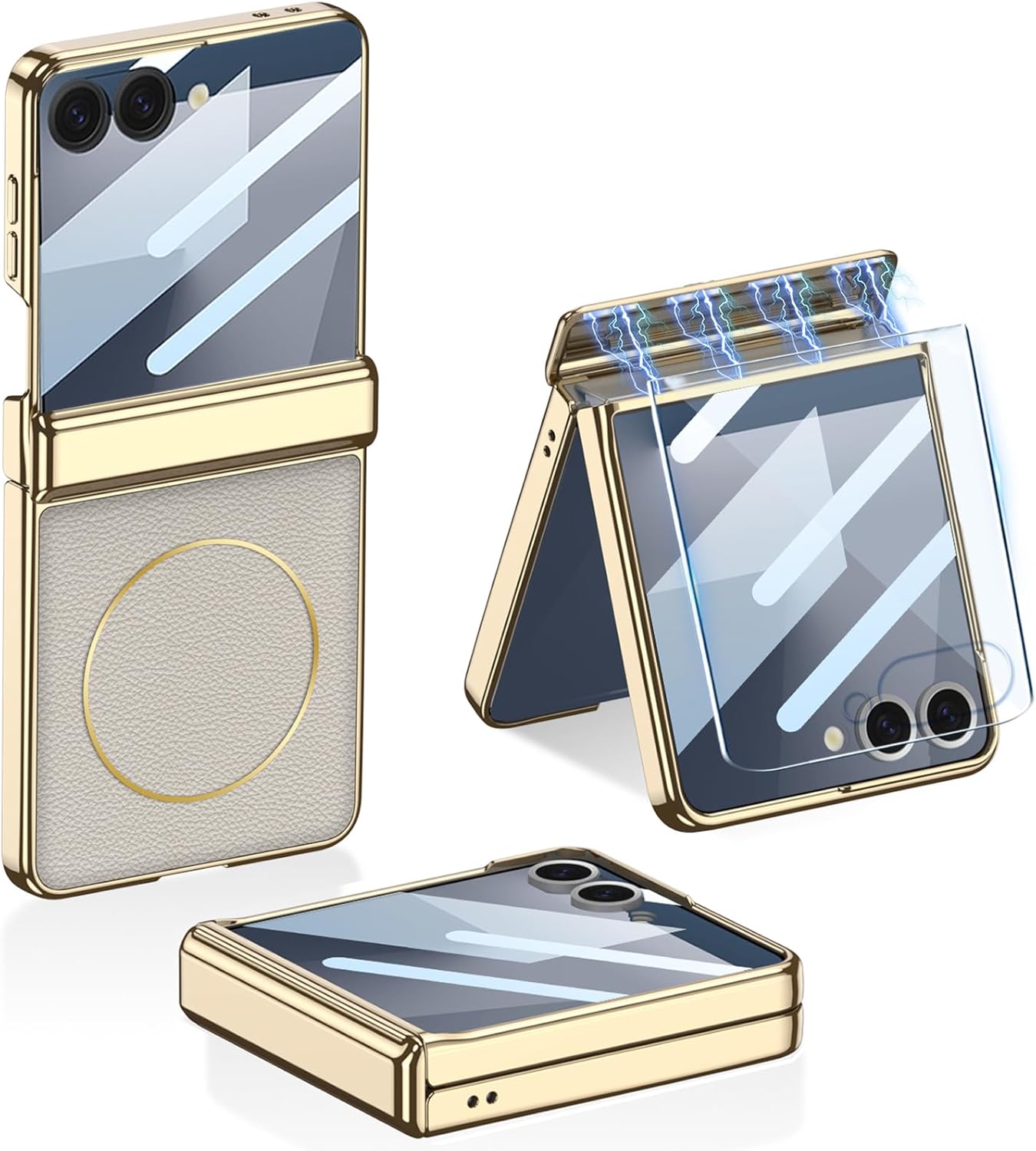 Magnetic Leather Case for Samsung Galaxy Z Flip 7 with Magnetic Hinge Protection & Built-in Screen Protector, [Support Wireless Charging ] Luxury Plating Shockproof Cover for Galaxy Z Flip 7 (Beige)