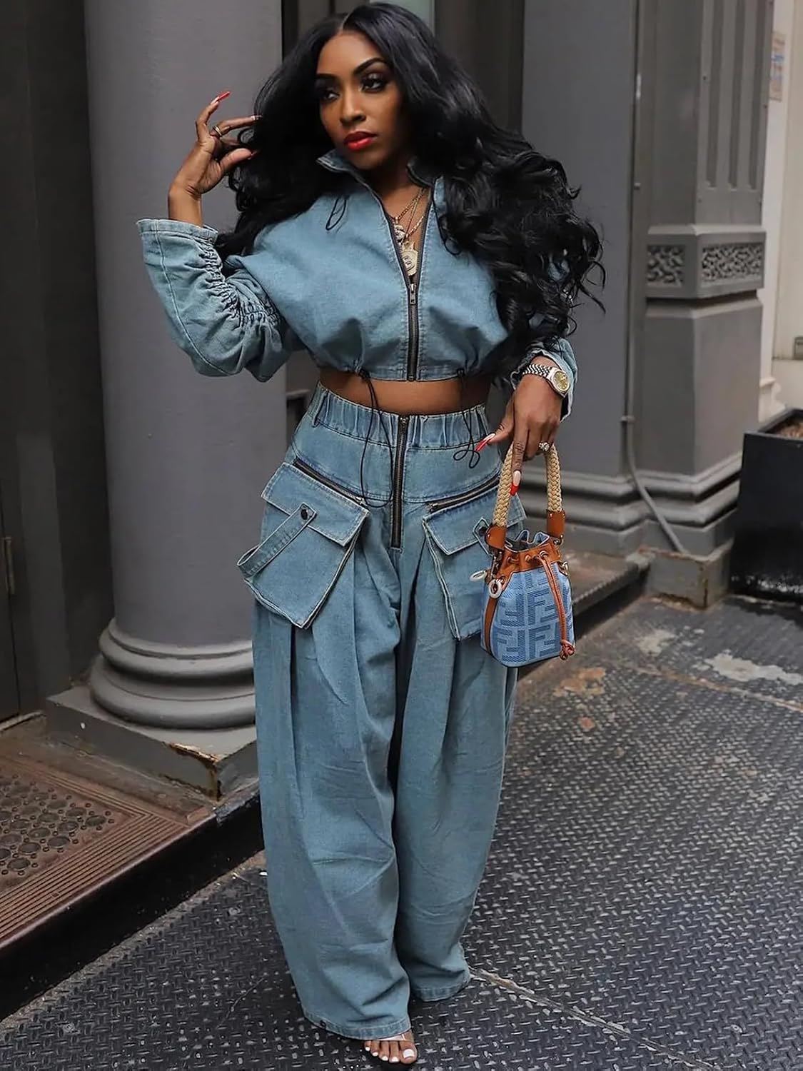 Angsuttc Womens Two Piece Sets Denim Outfit Ruched Long Sleeve Zip Up Cropped Jean Jacket Wide Leg Pants Chic Set - Image 2