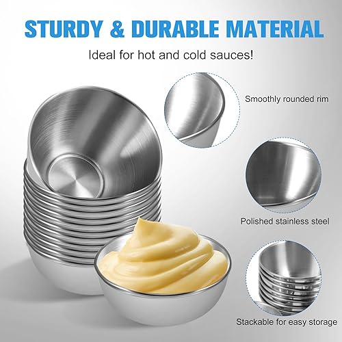 Miniatura 3 de Paquete de 20 platos de salsa de acero inoxidable de 3.2 pulgadas, mini platillos individuales de 3.5 onzas, cuencos redondos para condimentos,