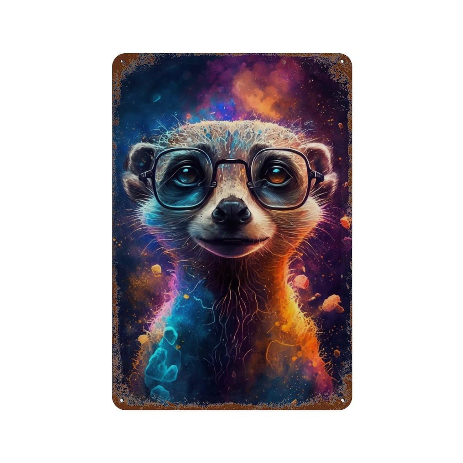 Meerkat Glasses Cosmic Art Print 11.8"x7.9" Distressed Metal Wall Sign, Retro Wall Decor for Garage, Bar And Workshop Decor