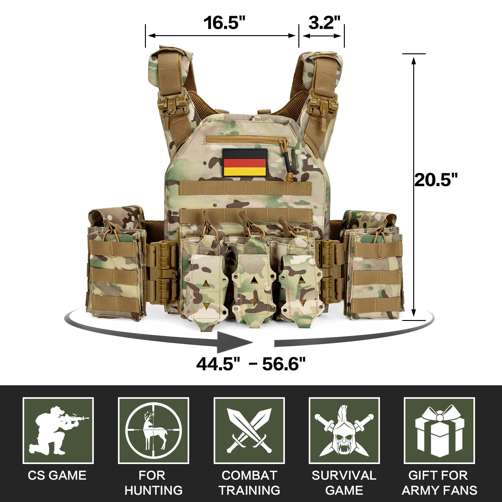Jueachy Taktische Weste Airsoft Plattenträger: Quick Release Militär Weste Einstellbar Atmungsaktiv Beschwerte Weste für die Ausbildung - Plate Carrier Molle Schutzweste für Herren Paintball Polizei