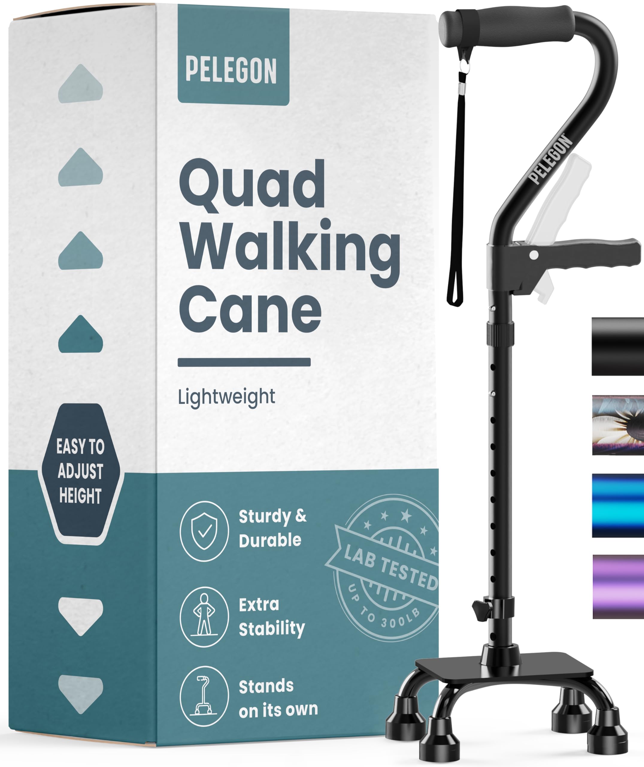 Quad Cane (300LB) - Adjustable Walking Cane with A Large 4 Pronged Base for Extra Balance & Stability, Walking Canes for Seniors, Walking Cane for Men & Women, Walking Sticks