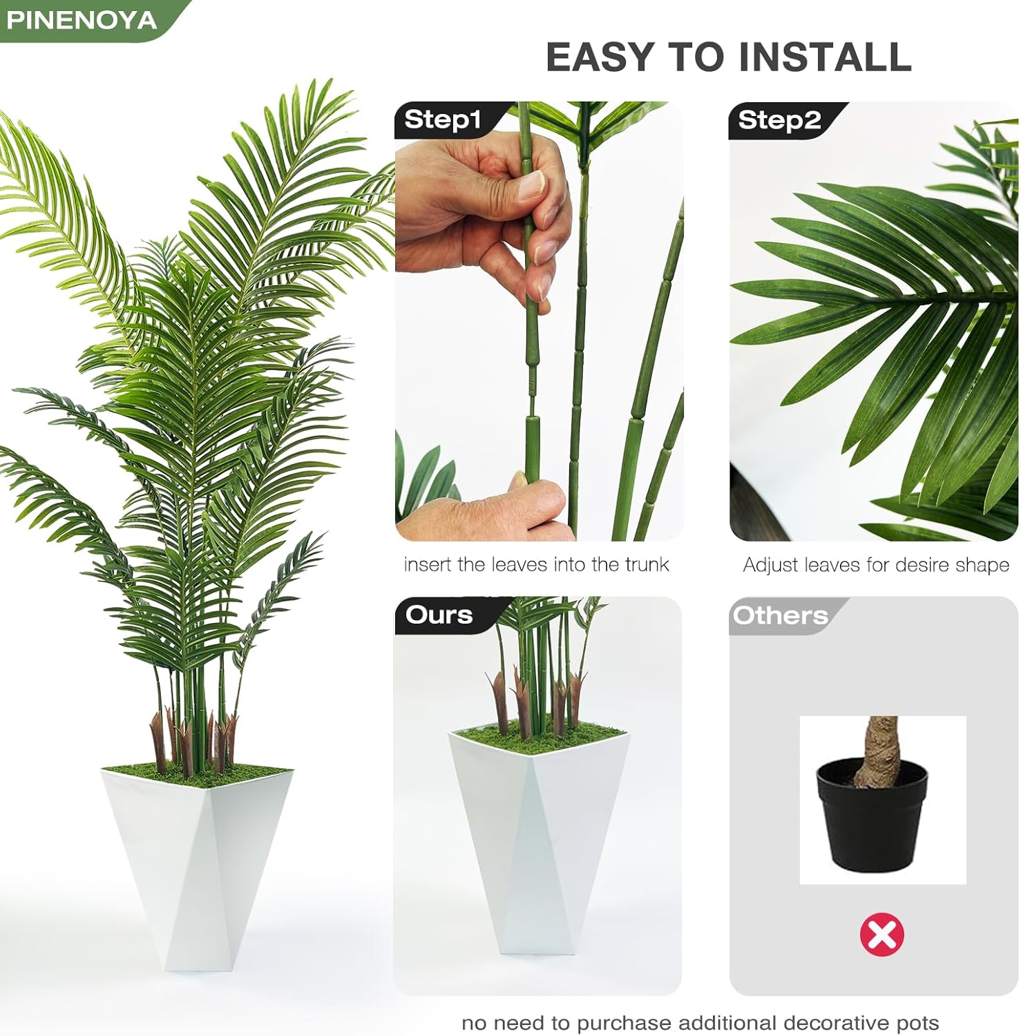 Artificial Palm Trees 6FT Tall Fake Palm Tree Indoor,Faux Tropical Areca Floor Plant with Tall White Planter, Fake Silk Plants in Pot for Home Office Living Room Bedroom Decor - Image 7