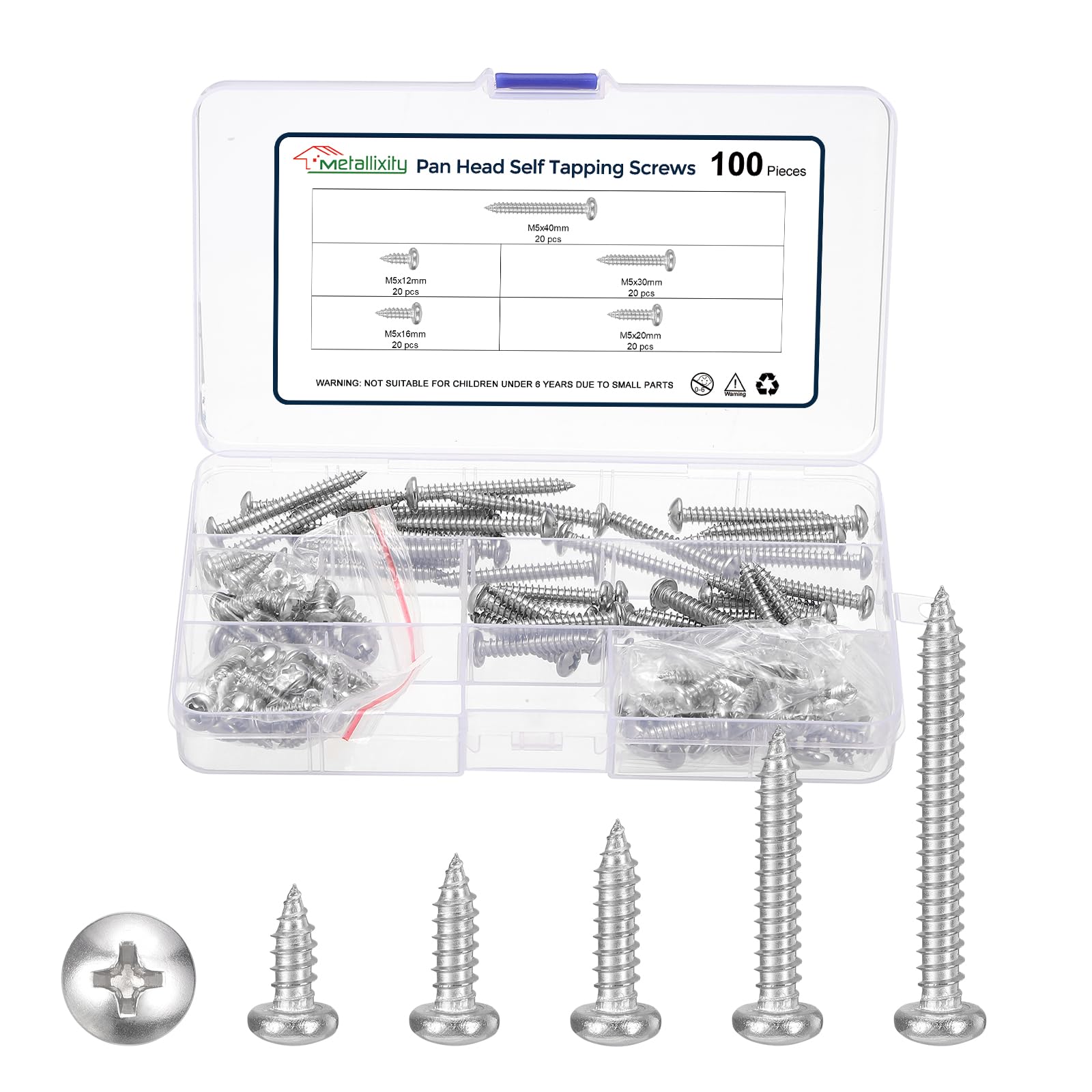 METALLIXITY Phillips Pan Head Self Tapping Screws(M5x12,M5x16,M5x20,M5x30,M5x40) 100Pcs, 304 Stainless Steel Self Drilling Screw Assortment Kit for Metal Wood Plastic, for Cabinet Wall, Silver