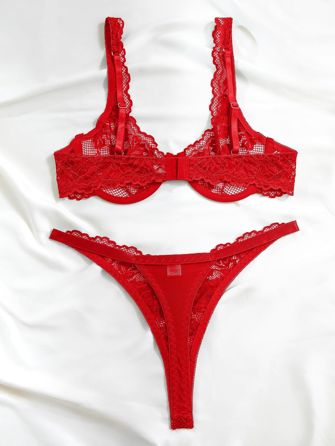 Foxiny Sexy Scallop Floral Lace Mesh Sheer Underwire Lingerie Set 2 Piece