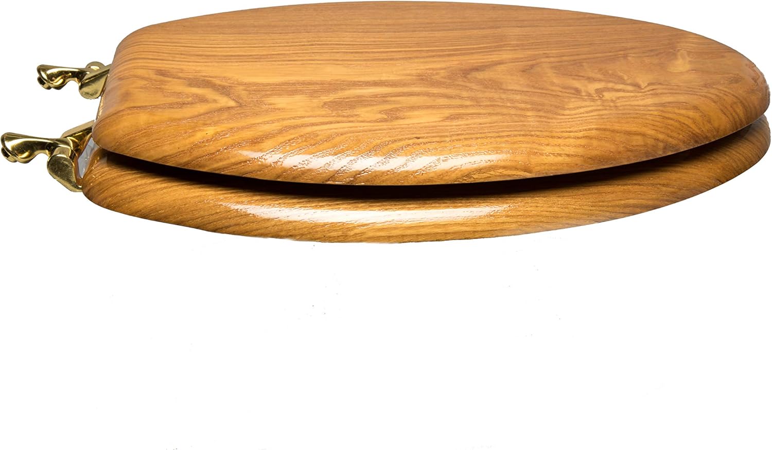 5Q1E4-17BR Natural Wood Toilet Seat with Decorative Finish Wood and Metal Single Post Hinge, Elongated, Light Oak with Polished Brass