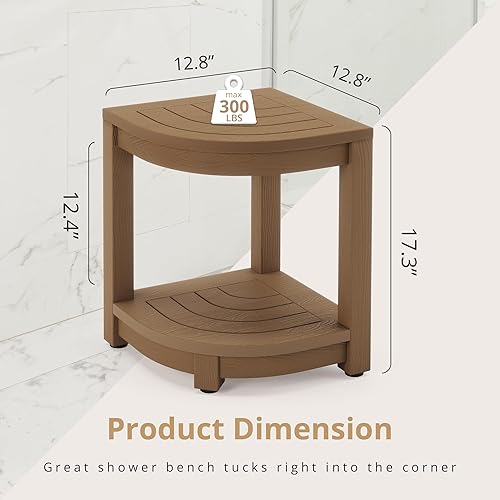 Miniatura 3 de LUE BONA Banco de ducha para ducha interior, taburete de ducha de esquina HDPS marrón para afeitarse las piernas, estante de almacenamiento