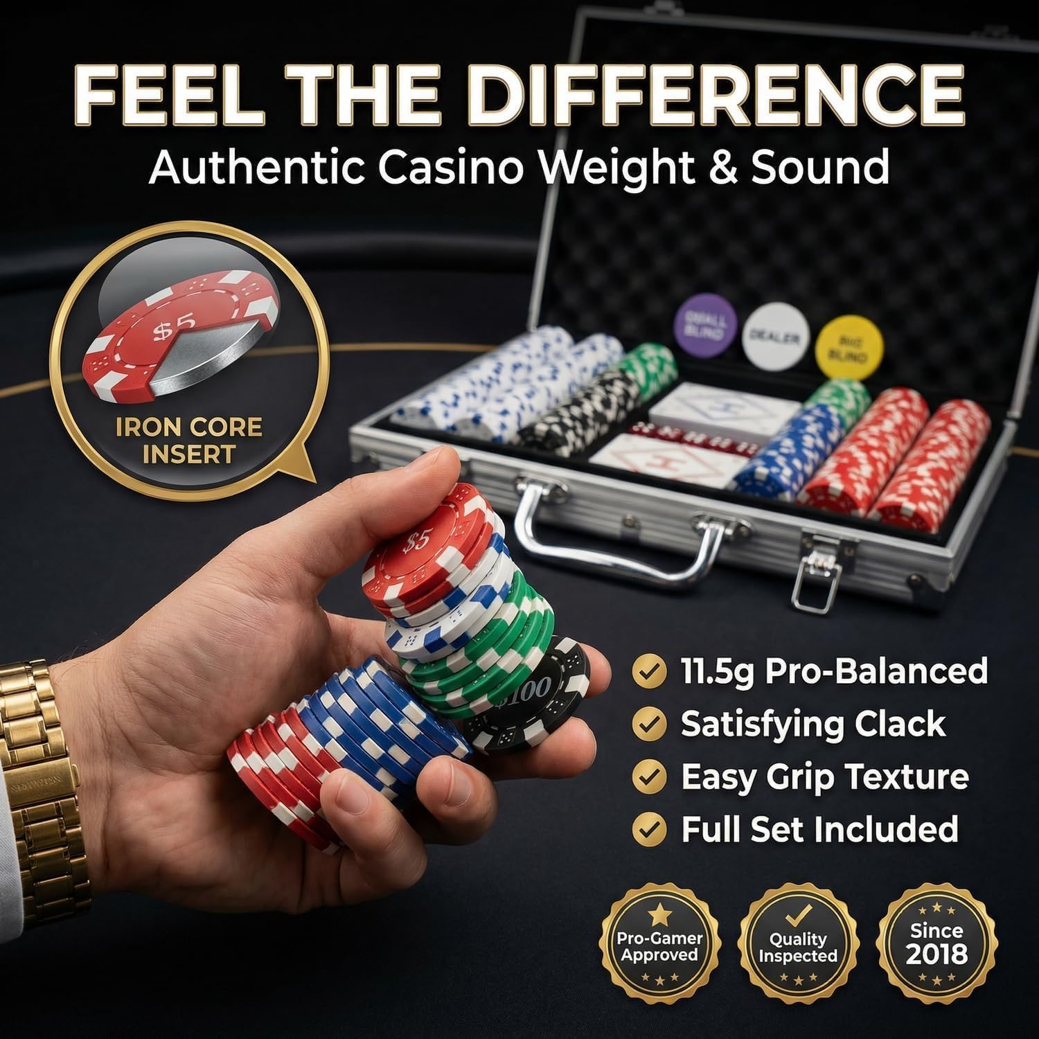HEITOK Set Poker 500 Fiches Numerate 11,5g Valigetta Alluminio - Kit Texas Hold'em Completo con Carte, Dadi, Bottoni Dealer per Serate Casinò - 2
