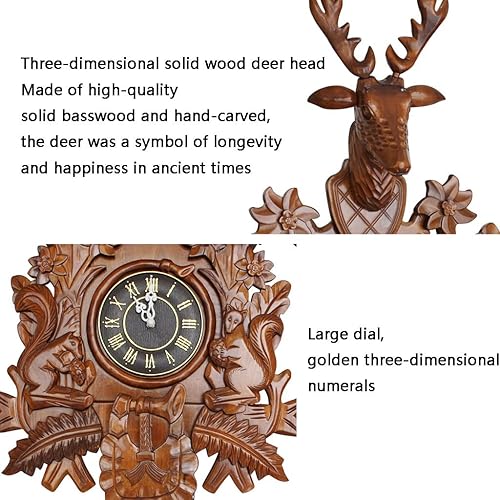 Miniatura 4 de VEZCOS Relojes de cuco para pared de cuco grande reloj de pared con cabeza de ciervo hecho a mano para decoración del hogar color marrón tamaño 165