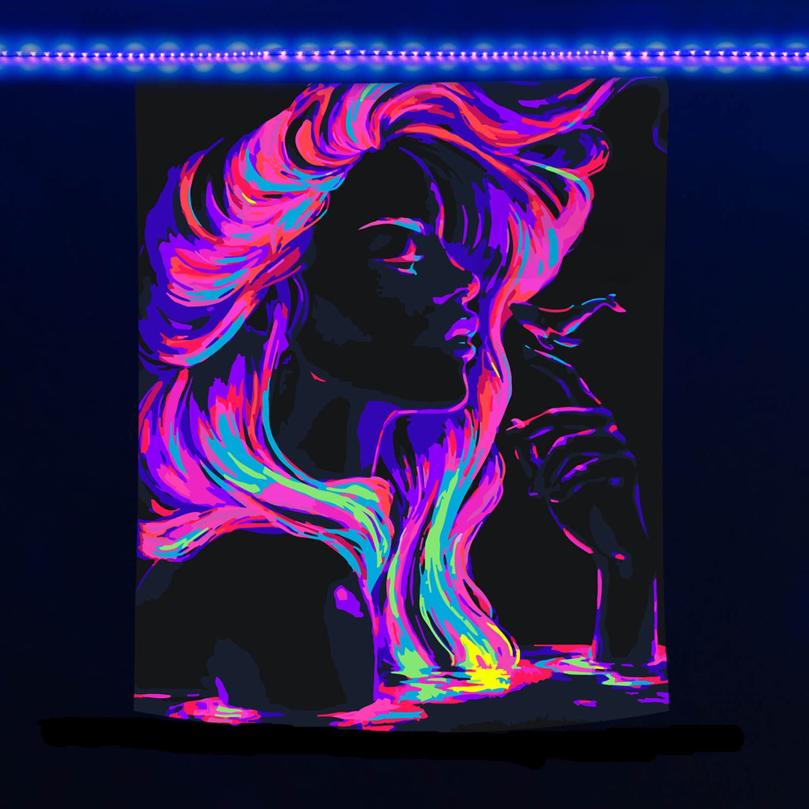 Black Light Tapestry Sexy Long Hair Mermaid Ocean Whale Yoga Calm Relax UV Reactive Tapestry, Fluorescent Wall Hanging Tapestry, Glow in Dark Party Bedroom Living Room Decor 59" x 39" / 150 x 100cm