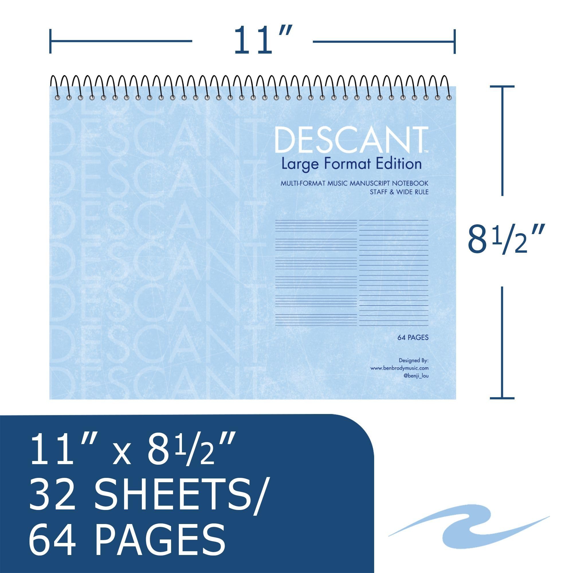 Descant Quaderno musicale a spirale, manoscritto multiformato a righe per personale unico e universitario, 28 x 21,6 cm, 64 pagine, rilegato in alto, carta bianca pesante 9,1 kg, confezione da 3