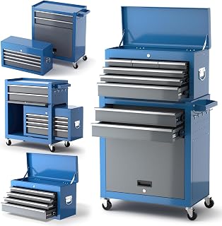 Heavy Duty Tool Chest 8-Drawer | Large Tool Chest on Wheels | Detachable Top Metal Tool Box | Garage Storage Tool Cabinet for Repair Room,Warehouse | Rolling Tool Box with Hooks,Liners,Blue