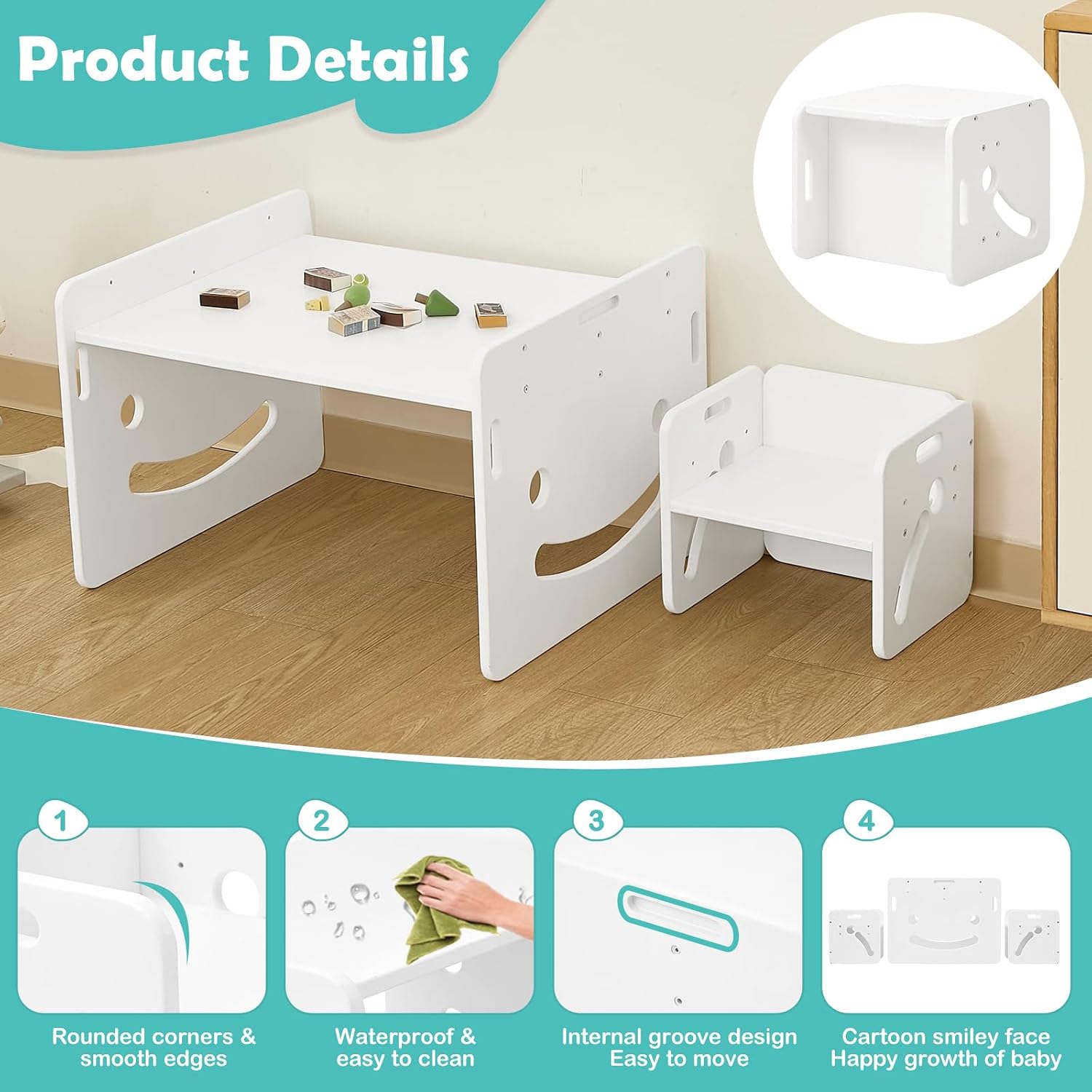 FUNLIO Height Adjustable Montessori Weaning Table and Chair Set for Age 1-3, Quality Solid Wood Toddler Table and 2 Chairs, Kids Table and Chairs for Reading/Eating/Playing,CPC Certified - White
