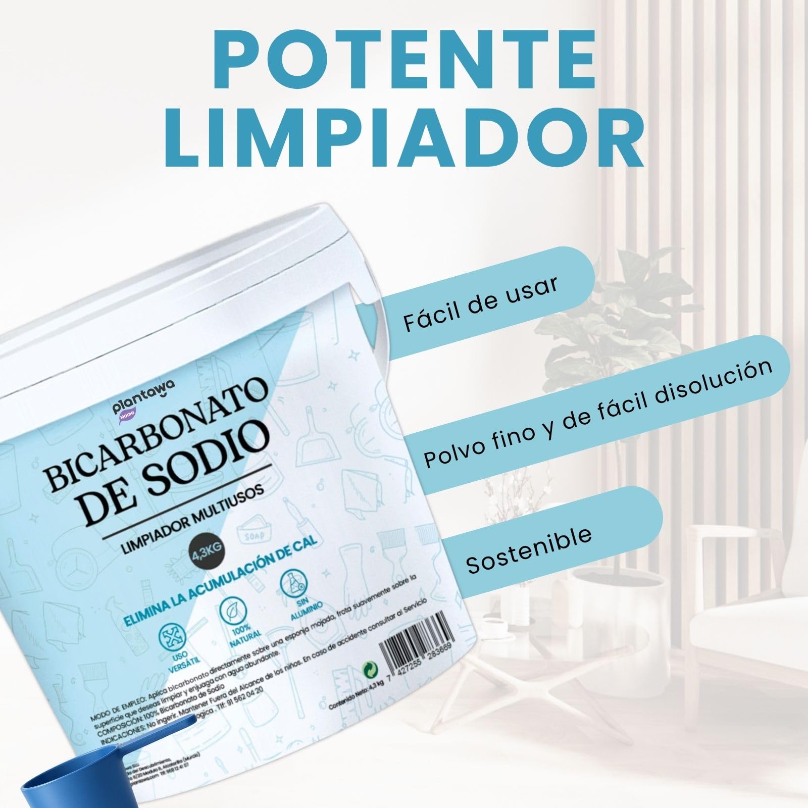 PLANTAWA Bicarbonato de Sodio 4,3kg | Bicarbonato Multiusos para Limpieza de Cocina, Baño, Textiles y Electrodomésticos | Alta Solubilidad | Sin Aditivos | Baking Soda Limpieza