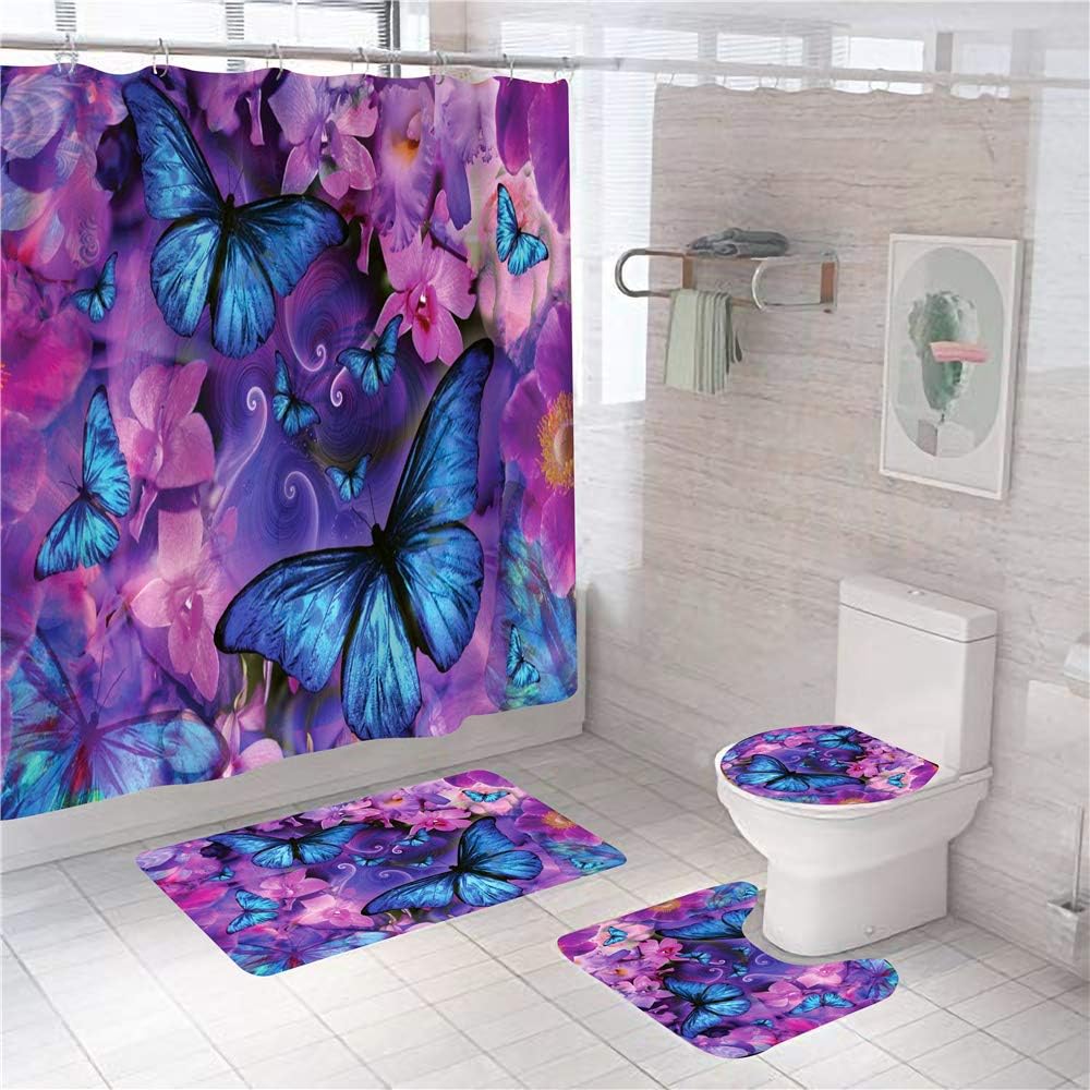 Muma Butterfly Shower Curtain Set with Non-Slip Rugs Toilet Lid Cover and Bath Mat 4 Pcs Purple Flowers Shower Curtain Sets with Rugs Bathroom Curtain with 12 Hooks Butterfly Bathroom Sets, Medium