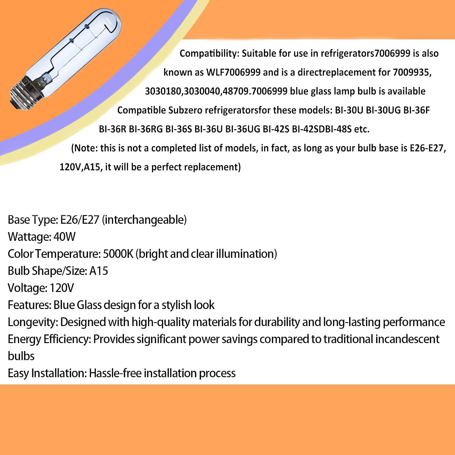 7006999 Blue Glass Lamp Bulb Replacement for E26 40W Freezer Refrigerator Light Bulb Compatible Sub-Zero Refrigerator - 2-Year Warranty(4 Pack)