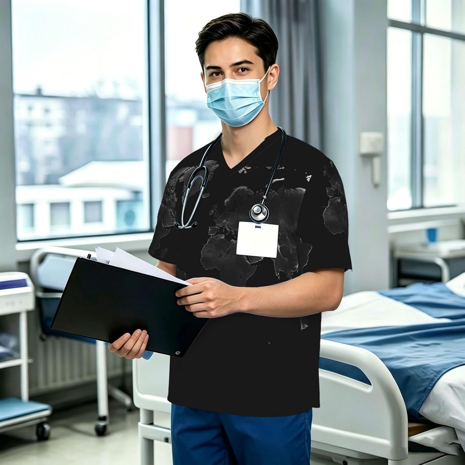 Professional Scrub Tops for Men, Classic V-Neck Workwear with 3 Pockets
