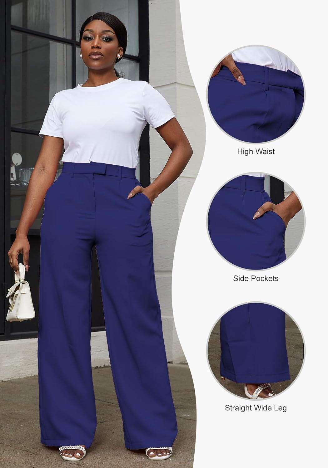LKOUS Women's High Waisted Straight Wide Leg Dress Pants Stretchy Work Trousers with Pockets Business Casual - Image 4