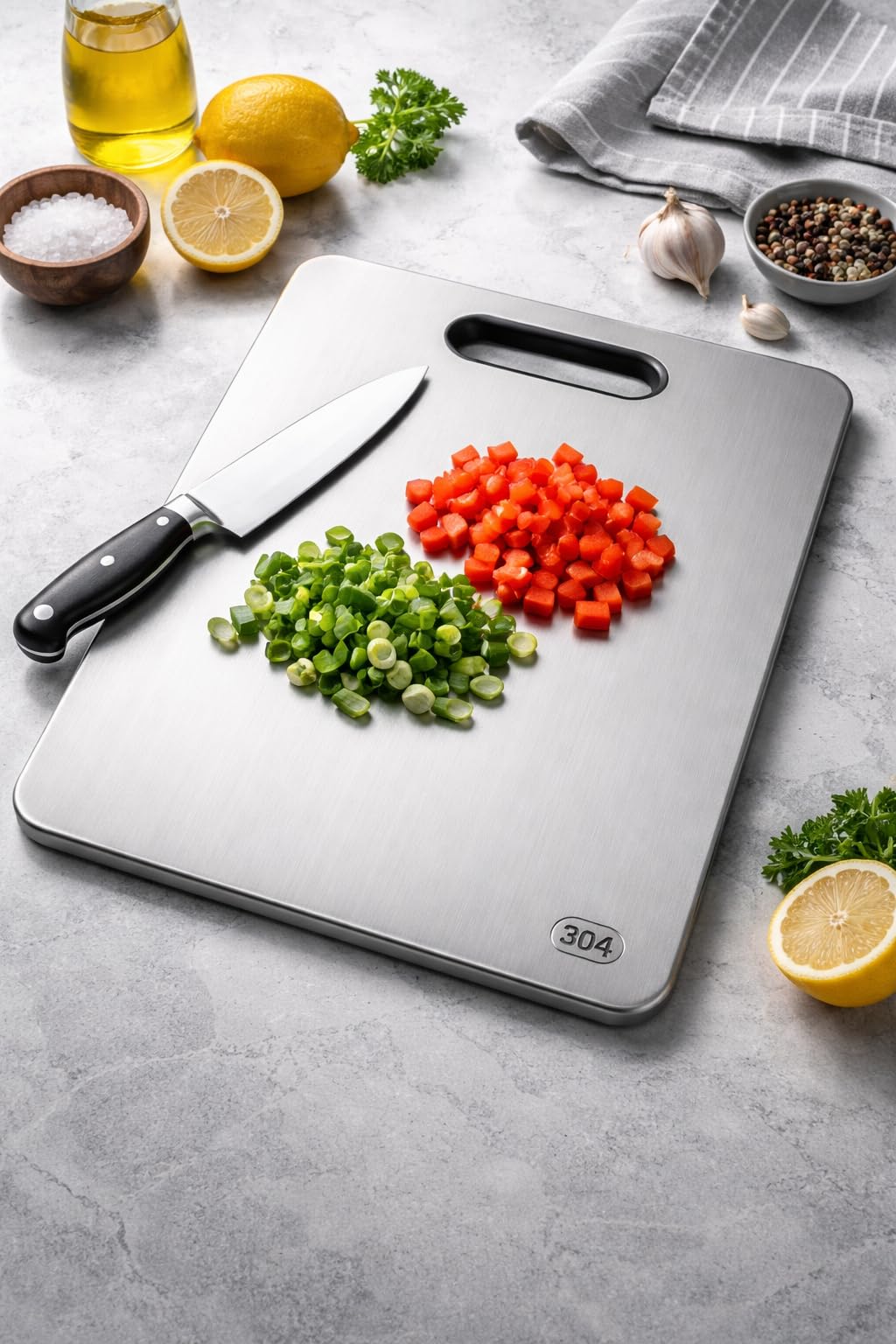 304 Stainless Steel Chopping Board 35x25cm – 1.5mm Thick Heavy Duty Metal Cutting Board with Handle – Hygienic Rust Resistant Kitchen Chopping Board for Meat, Vegetables & Fruit