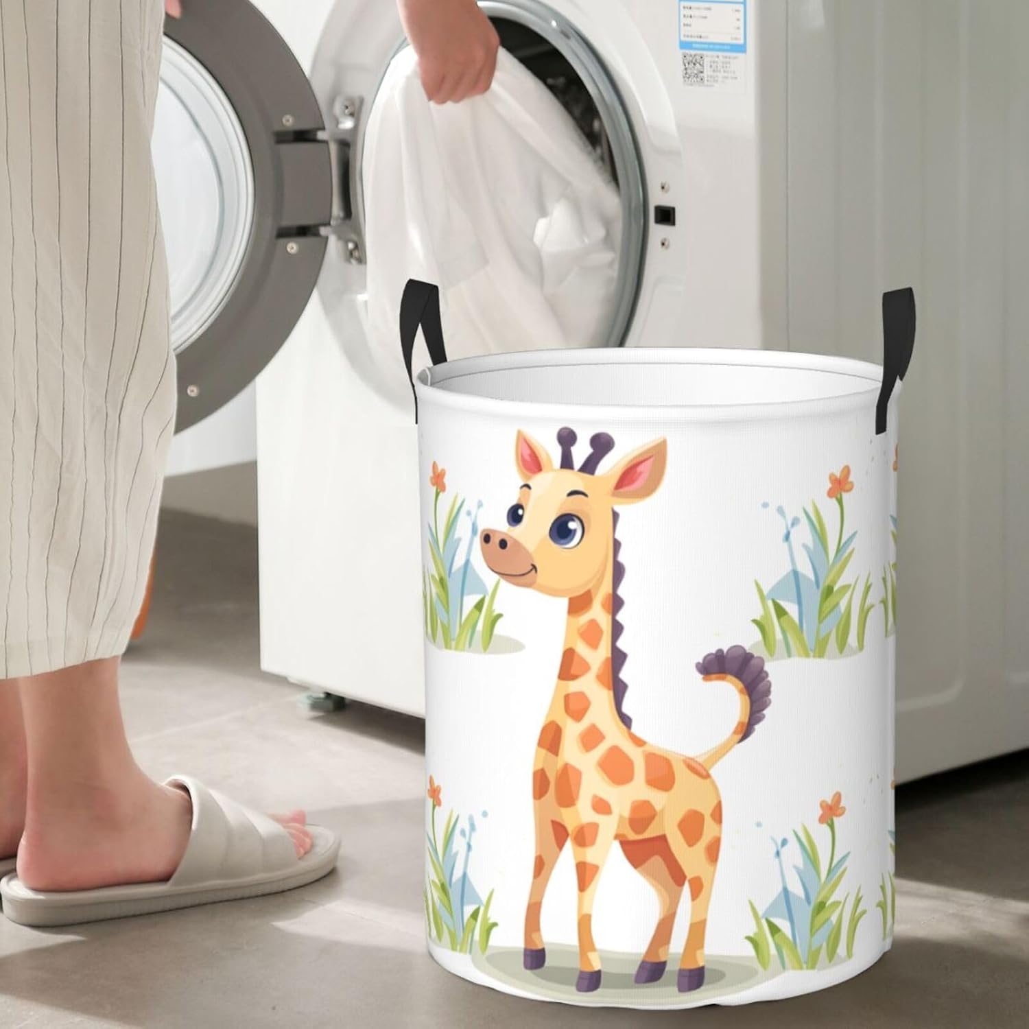 Cute giraffe print Laundry Basket Circular Hamper Waterproof Bathroom Hamper Storage Bin Organizer Basket Laundry Hamper with Handles for Clothes Toys Small